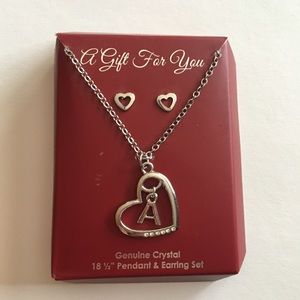 Letter A Necklace & Earring Set - Genuine Crystal